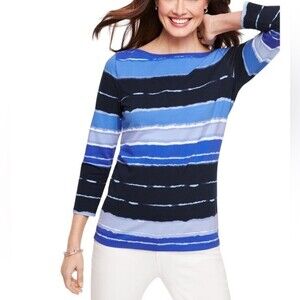 Talbots Bateau Neck Tie Dye Stripe Tee 3/4 Sleeve Colorful Cotton Stretch Knit